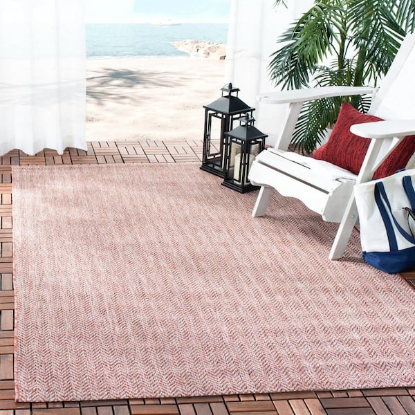 Courtyard Red/Beige 4 ft. x 4 ft. Square Solid Color Chevron Indoor/Outdoor Area Rug