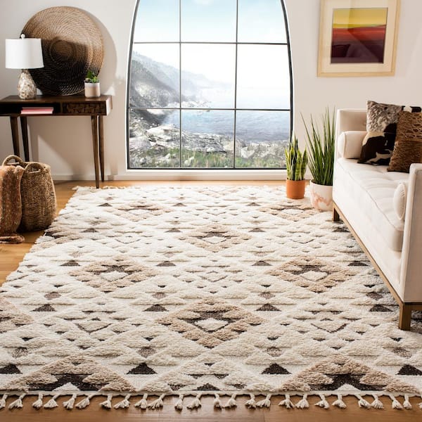 Moroccan Tassel Shag Ivory/Brown 11 ft. x 11 ft. High-Low Geometric Fringe Square Area Rug