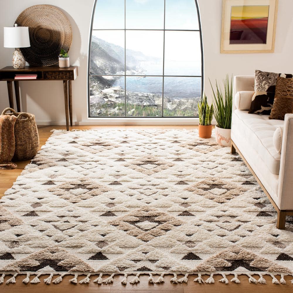 Ivory Diamond Shag Synthetic 9' x 12' Rectangular Rug