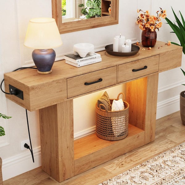 63 in. Burl Rectangle MDF Farmhouse Console Table with Outlets, USB Ports and LED Lights, Sofa Table with Drawers