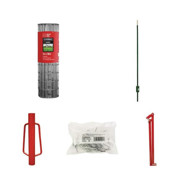 3 ft. x 50 ft. 14-Gauge Welded Wire, 5 ft. Green Steel T-Post, Post Driver, Clips (25 per Bag) and Fence Puller Combo