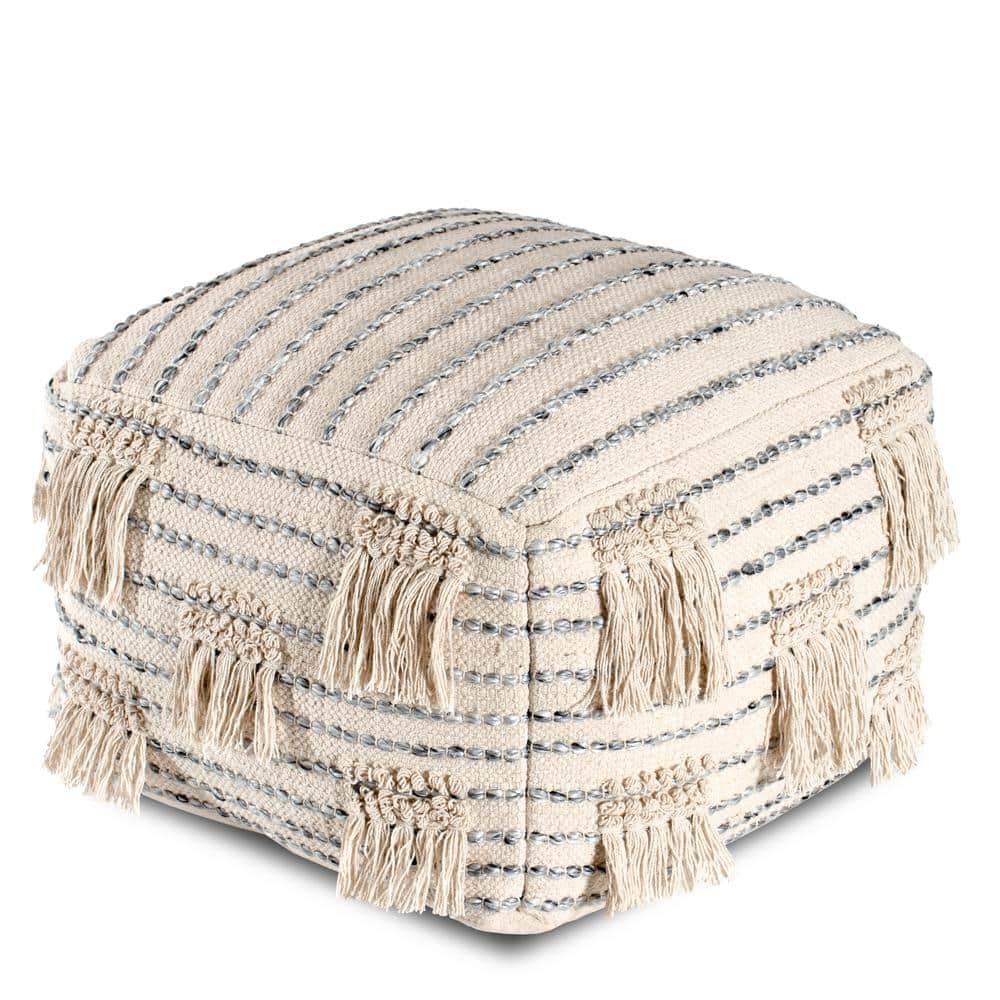 Ivory Striped Tasseled Pouf Ottoman in Soft Cotton & Luxe Polyester