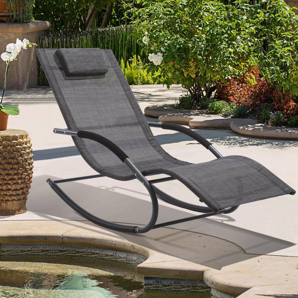 Dark Gray Steel Frame Outdoor Chaise Lounge with Cushions, Set of 2