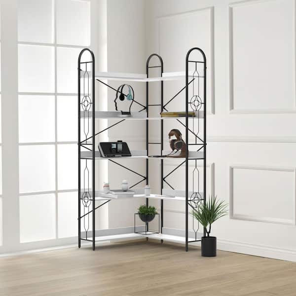 Industrial Series 5-Tier Thickened Iron Frame Corner Bookshelf in White (33 in. W x 72 in. H x 33 in. D)