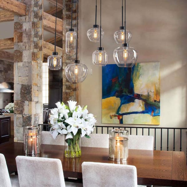 EDISLIVE Jaxon 7-Light Black Linear Kitchen Island Pendant Light Modern Chandelier with Globe Glass Shade
