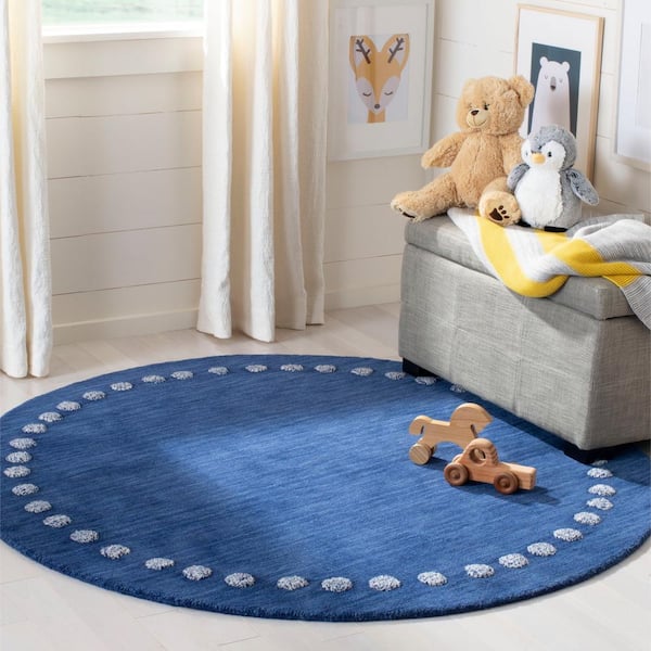 Kids Navy 5 ft. x 5 ft. Round Polka Dot Area Rug
