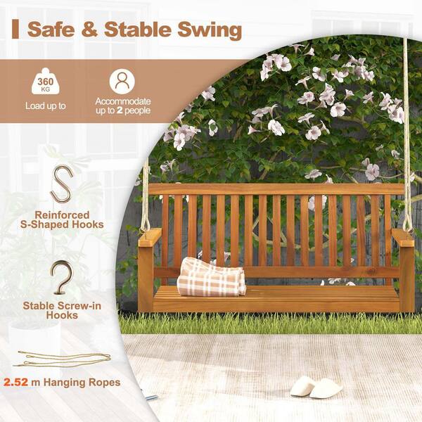 Costway 2-Person Acacia Wood Porch Swing Bench Chair with 2