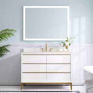 48 in. W x 22 in. D x 35 in. H Solid Wood Bath Vanity in White with White Quartz Top Single Sink White Mirror with Light