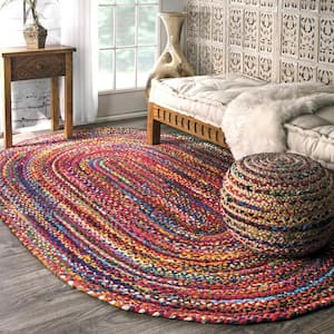 Tammara Colorful Braided Multi Doormat 3 ft. x 5 ft. Oval Rug