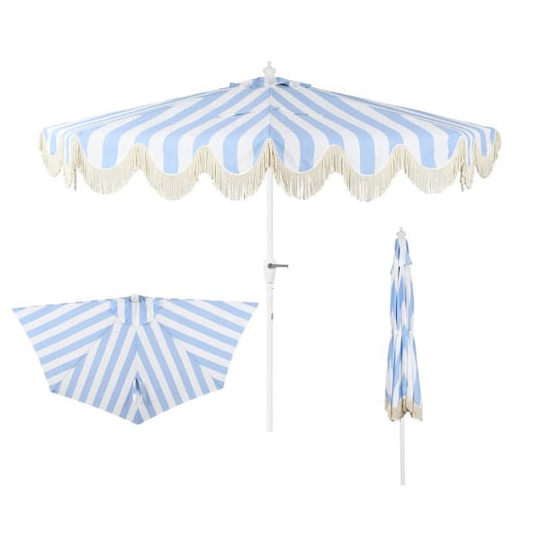 Beverly 9 ft. Scalloped Fringe Half Market Patio Umbrella with Crank, Tilt Button and UV Protection in Light Blue/White