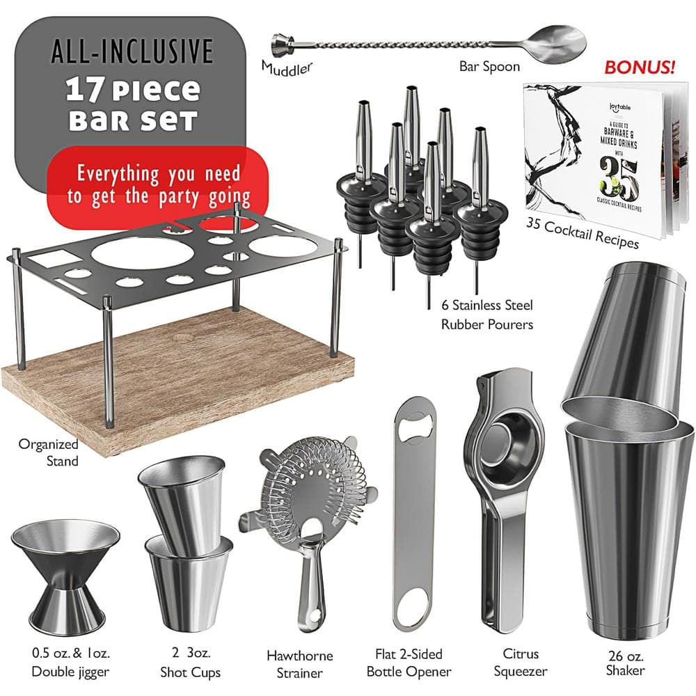JoyTable 17-Piece Silver Stainless Steel Bartender Kit with Wood Stand