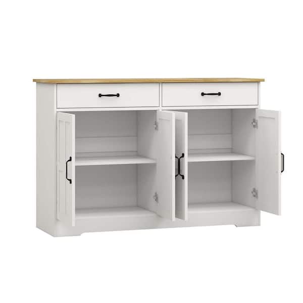 White Wood 48 in. Kitchen Island with Drawers, Farmhouse Buffet Cabinet Storage Sideboard for Dining Living Room Kitchen LM-W282138088