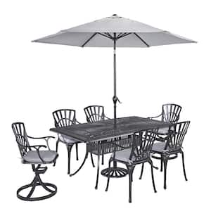 Grenada Charcoal Gray 7-Piece Cast Aluminum Rectangular Outdoor Dining Set with Umbrella with Gray Cushions
