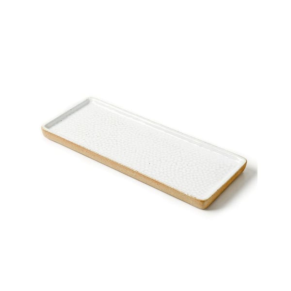 White Decorative Tray for Dresser Vanity Tray with Brown Trim Candle and Bathroom Organizer