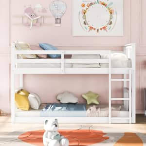 White Twin Over Twin Low Bunk Bed with Headboard and Footboard, Wooden Bunk Bed Frame with Ladder for Toddlers Kids