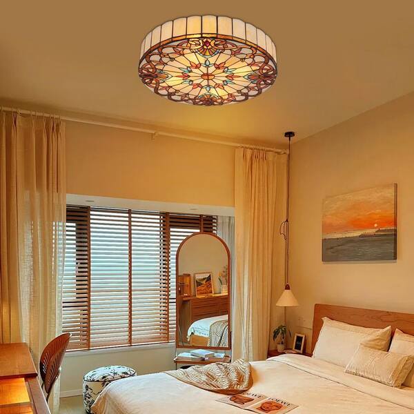 OUKANING 19.68 in. 4-Light Colorful Mosaic Vintage Tiffany Flush