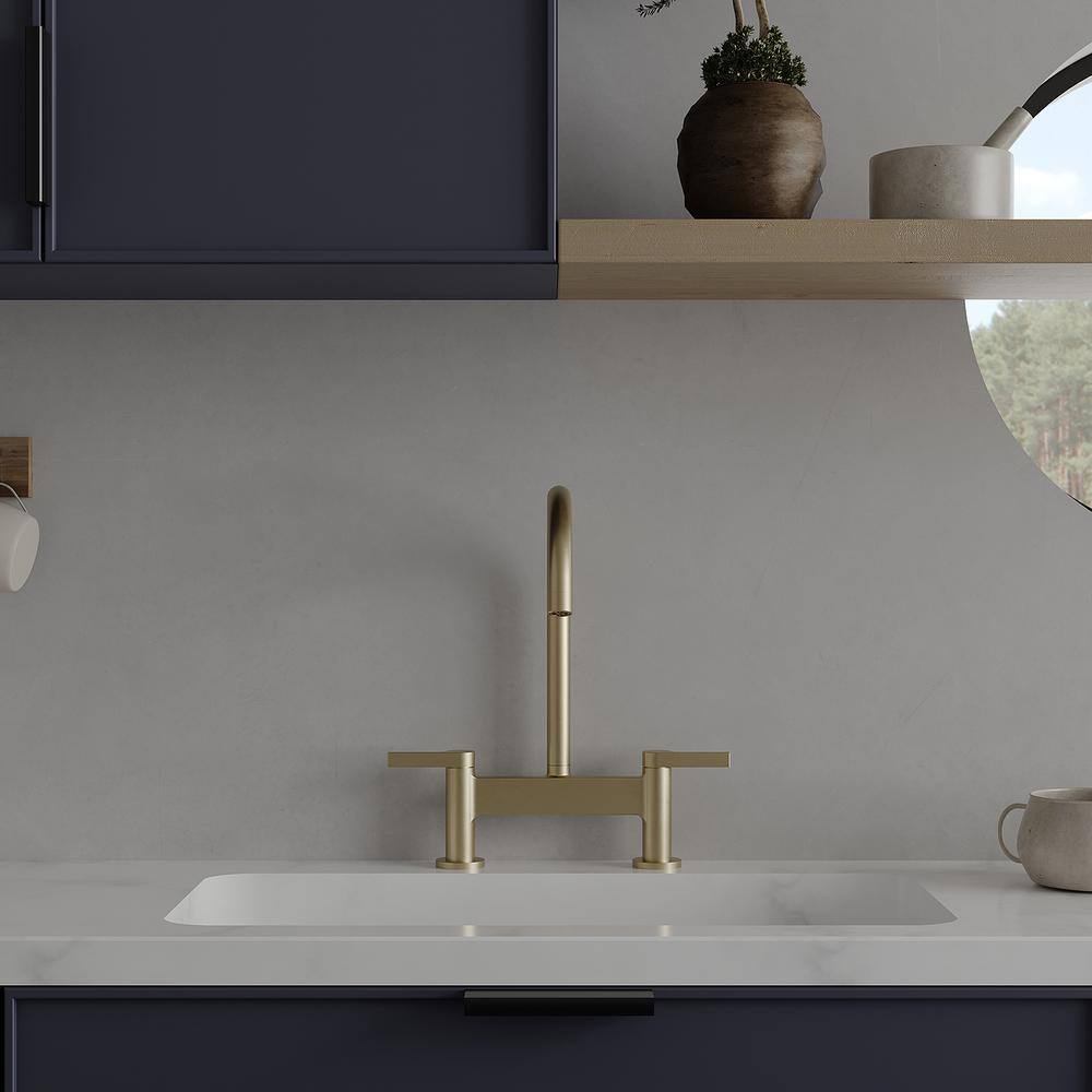 Brushed Gold Double Handle Bridge Kitchen Faucet