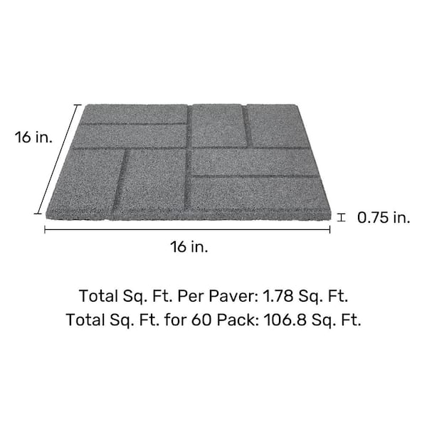 Vigoro 16 in. x 16 in. x 3/4 in. Gray Dual-Sided Rubber Paver (60-Pack)