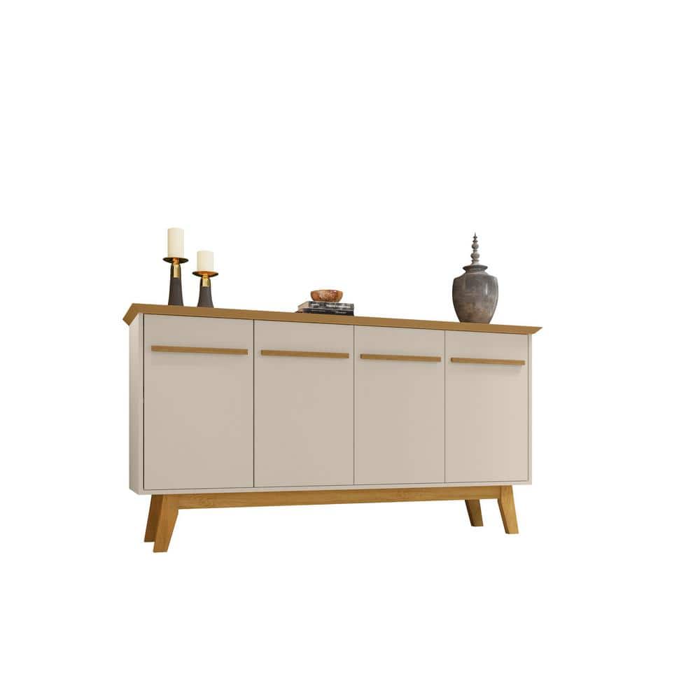 Off White and Cinnamon Mid-Century Modern Sideboard with Solid Wood Legs