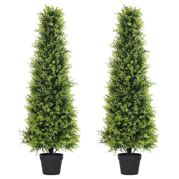 4 ft. Artificial Boxwood Topiary Tree in Pot (2-Pack) UV Resistant Outdoor Faux Shrubs for Home and Garden Decoration