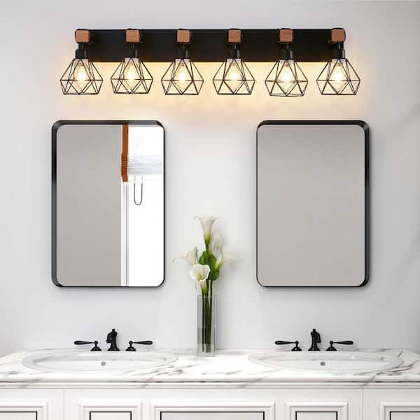 38 in. W 6 Light Vanity Light for Bathroom Black Light Fixture with Metal Cage Lampshade, E26, No Bulbs Included