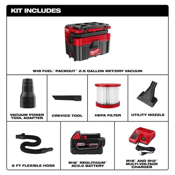 M18 FUEL PACKOUT 18-Volt Lithium-Ion Cordless 2.5 Gal. Wet/Dry Vacuum with 5.0 Ah Battery and Charger