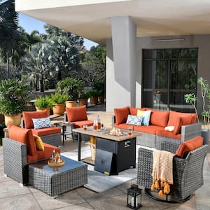 Sanibel Gray 10-Piece Wicker Patio Conversation Sofa Set with a Swivel Chair, a Storage Fire Pit and Orange Red Cushions