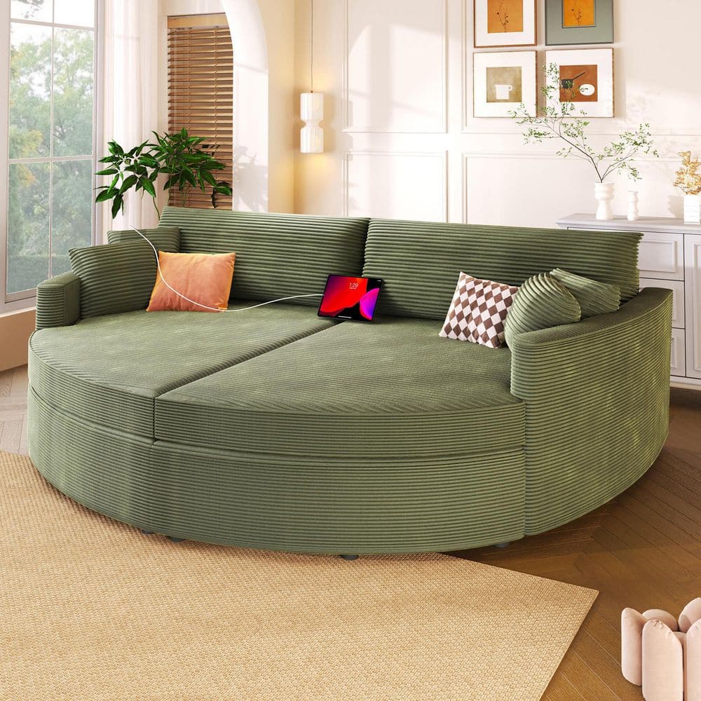 102.3 in. Corduroy 2 Seats Upholstered Loveseat Sofa in Green with USB Ports and Deep Seat