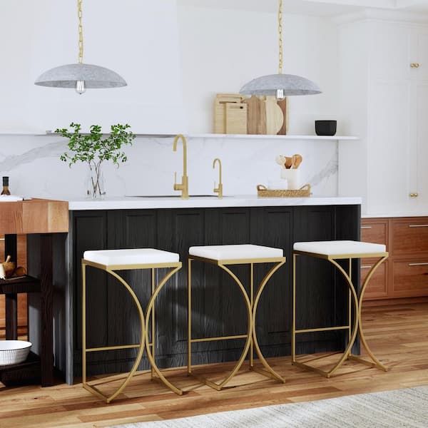 Butler Specialty Company Natalya 31 in. Seat Height White and Gold Faux Leather and Metal Bar Stool