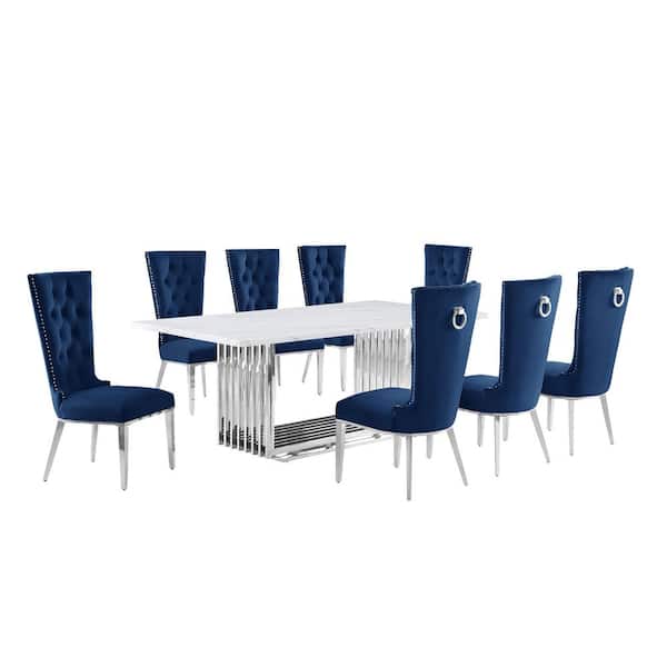 Lisa 9-Piece Rectangular White Marble Top Stainless Steel Base Dining Set With 8-Navy Blue Velvet Fabric Chairs