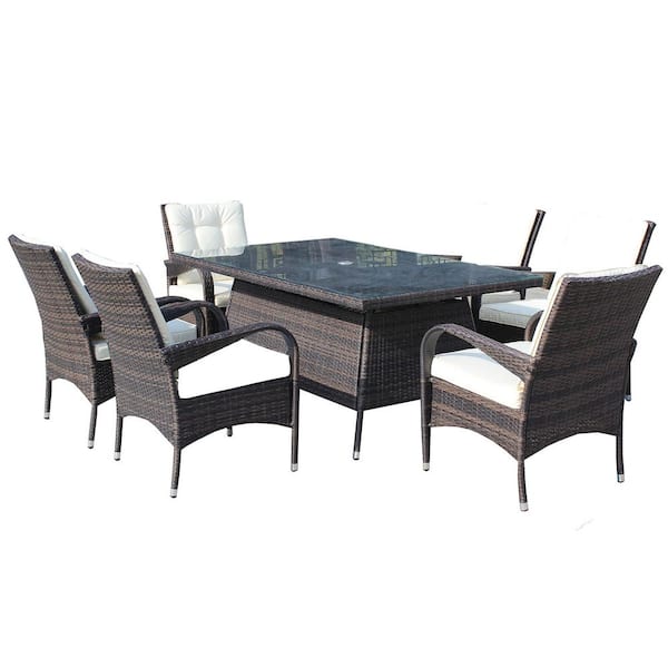 Tunearary 7-Piece Wicker Outdoor Dining Set with 6 Armchairs Beige Cushion