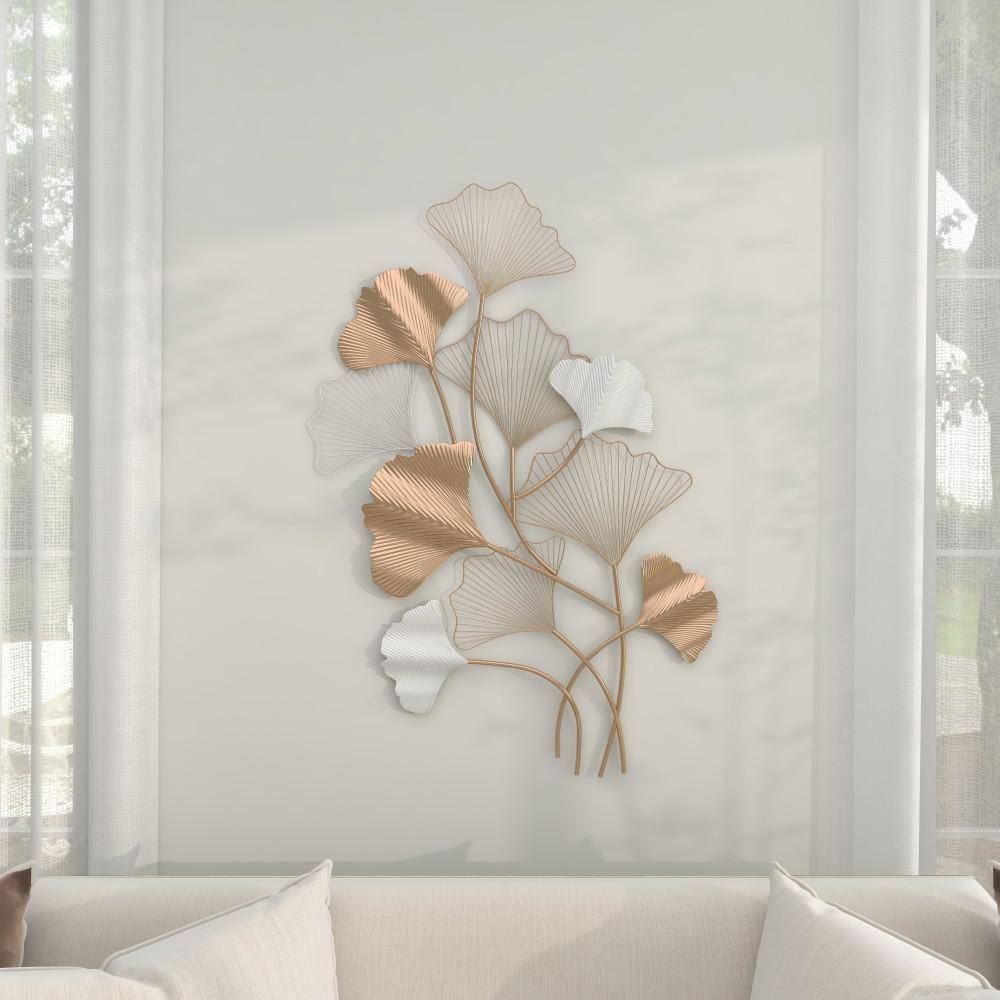 Gold and White Metal Leaf Wall Sculpture with Botanical Design