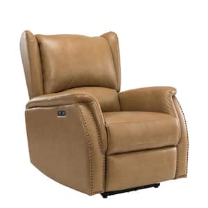 Adela Taupe Genuine Leather Power Recliner with Nailhead Trim