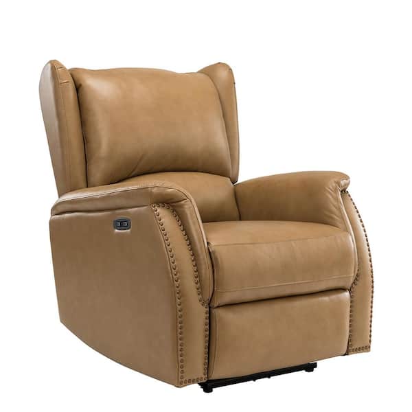 ARTFUL LIVING DESIGN Adela Taupe Genuine Leather Power Recliner with Nailhead Trim