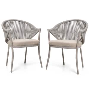 Stationary Aluminum Woven Rope Outdoor Dining Chair with Beige Cushions (2-Pack)