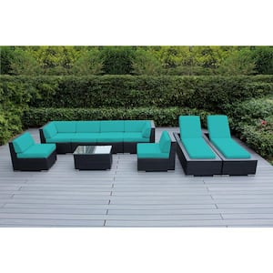 Black 9-Piece Wicker Patio Combo Conversation Set with Supercrylic Turquoise Cushions