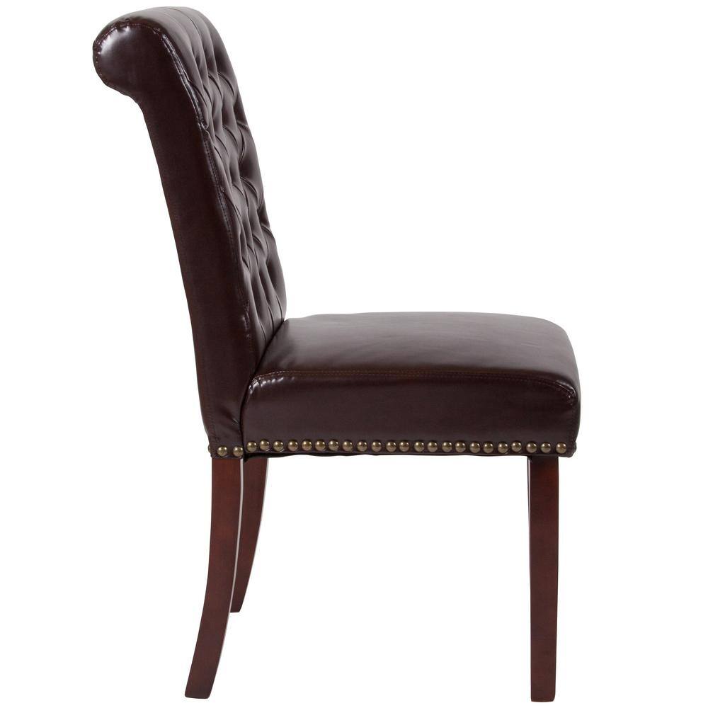 Brown Leather Parsons Side Chair with Walnut Finish