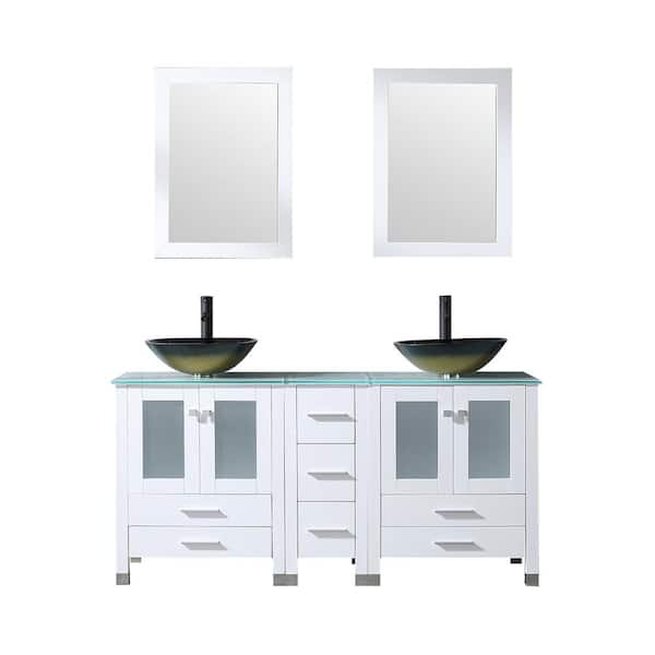 60 in. W x 21.5 in. D x 61 in. H Double Sinks Bath Vanity in White with Glass Top and Mirror