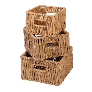 Set of 3 Square Wicker Baskets with Handles Natural