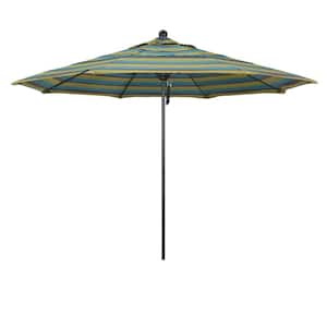 11 ft. Black Aluminum Commercial Market Patio Umbrella with Fiberglass Ribs and Pulley Lift in Astoria Lagoon Sunbrella