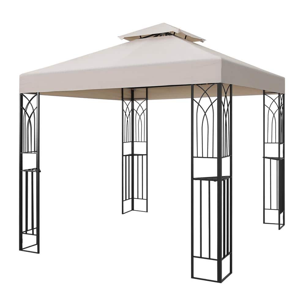 Beige 8x8 Metal Patio Gazebo with Double Roof