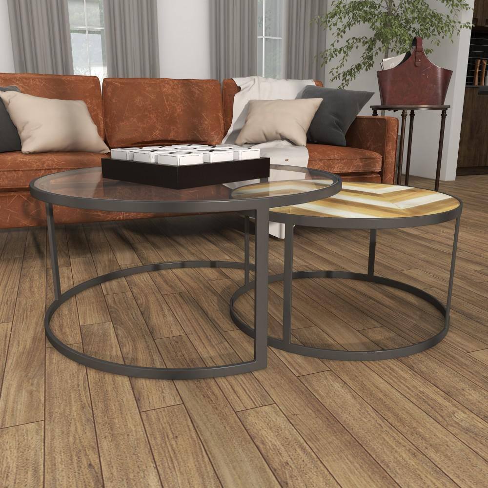 Gray and Brown Round Wood and Glass Nesting Coffee Tables