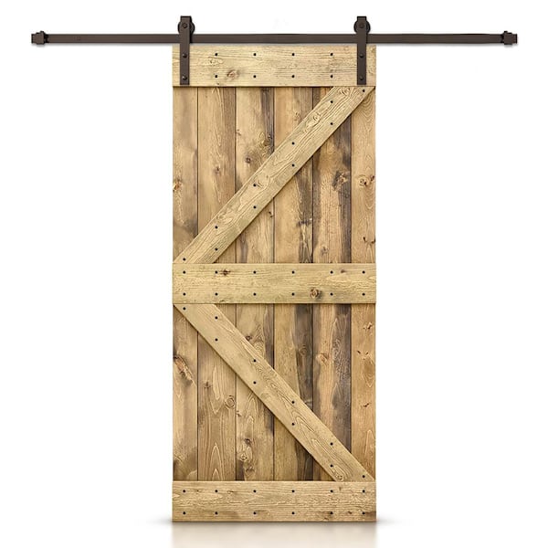 CALHOME K Series 38 in. x 84 in. Pre-Assembled Weather Oak Stained Wood Interior Sliding Barn Door with Hardware Kit