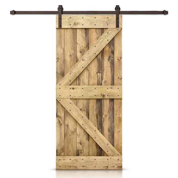 CALHOME 30 in. x 84 in. Distressed K Series Weather Oak DIY Solid Pine Wood Interior Sliding Barn Door with Hardware Kit
