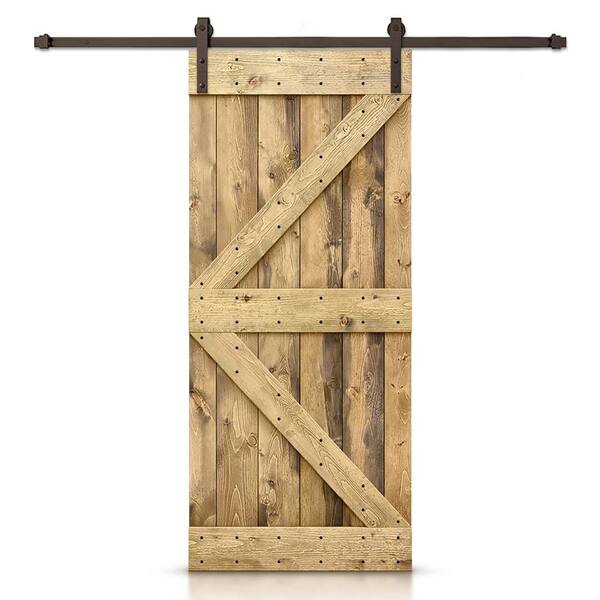 CALHOME Distressed K Series 34 in. x 84 in. Weather Oak Stained DIY Wood Interior Sliding Barn Door with Hardware Kit