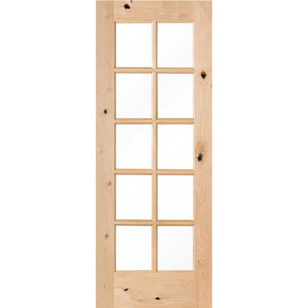Krosswood Doors 30 in. x 80 in. Rustic Knotty Alder Wood 10-Lite Clear Tempered Glass TDL Stainable Interior Door Slab