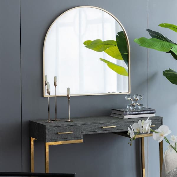 Gold 33 in W x 31 in. H Modern Arch Iron Framed Mirror Wall Mirror Wall Decor Mirror