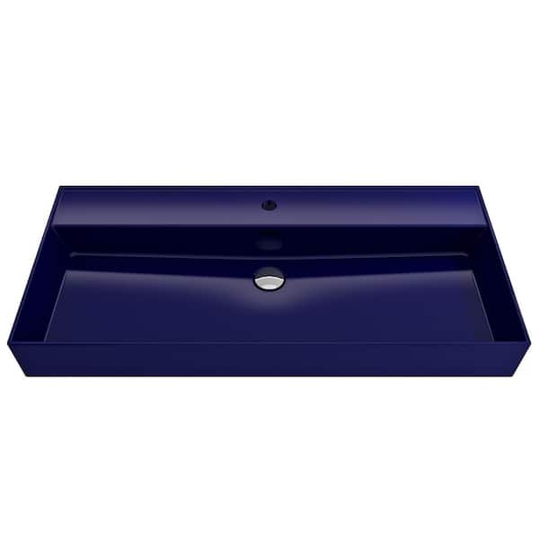 BOCCHI Milano 39.75 in. 1-Hole Sapphire Blue Fireclay Rectangular Wall-Mounted Bathroom Sink with Overflow