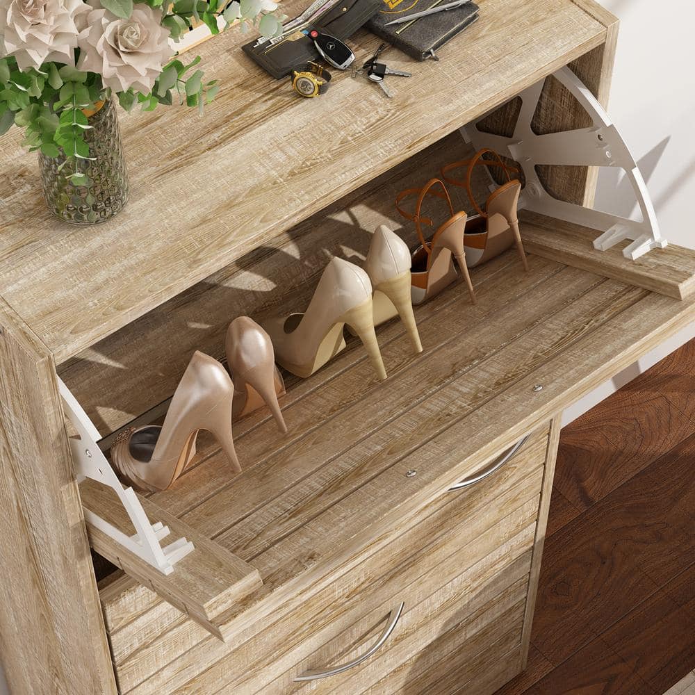 Brown Wood Grain 3-Tier Shoe Storage Rack with Metal Handles