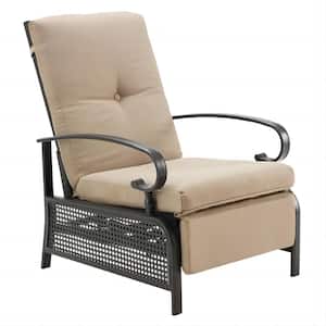 Black Metal Adjustable Patio Outdoor Lounge Chair with Beige Removable Cushion